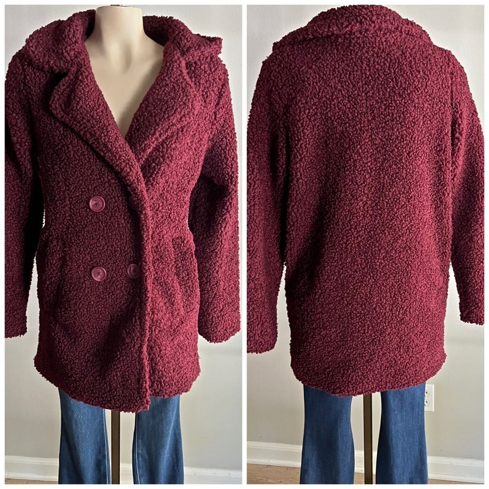 Hot Kiss Burgundy Teddy Sherpa Double Breasted Coat Small